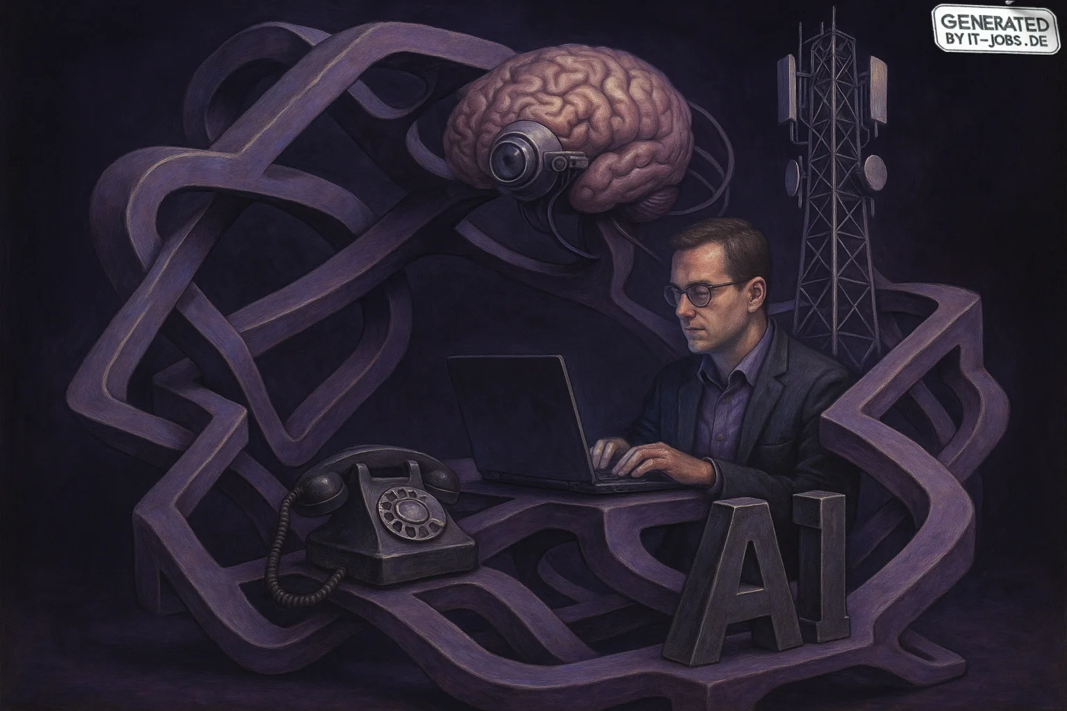 Spezialist für Künstliche Intelligenz in der Telekommunikationsbranche, surrealism style, impossible objects, realistic materials, dark purple main theme