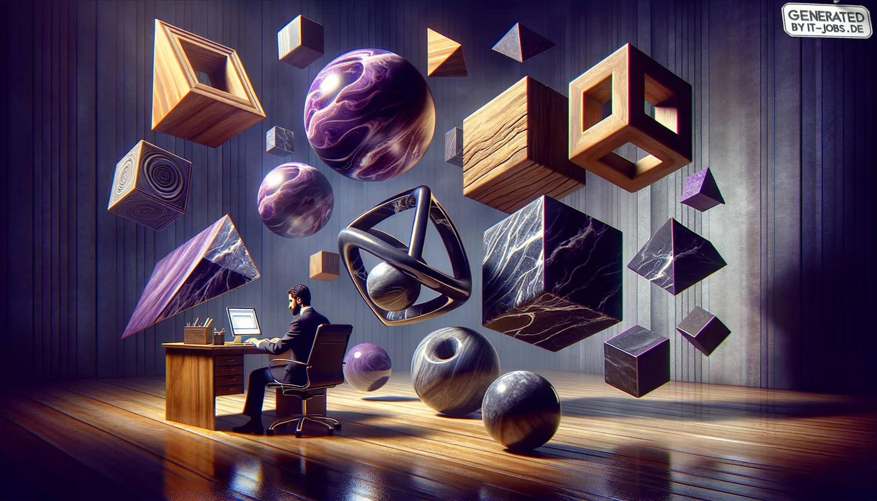 IT Business Analyst, surrealism style, impossible objects, realistic materials, dark purple main theme