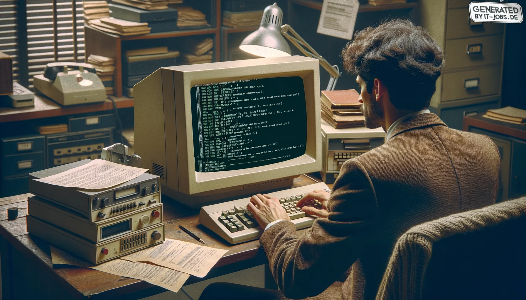 "A male computer scientist, 20th century, innovator of the C programming language and the Unix operating system", photo, view from behind