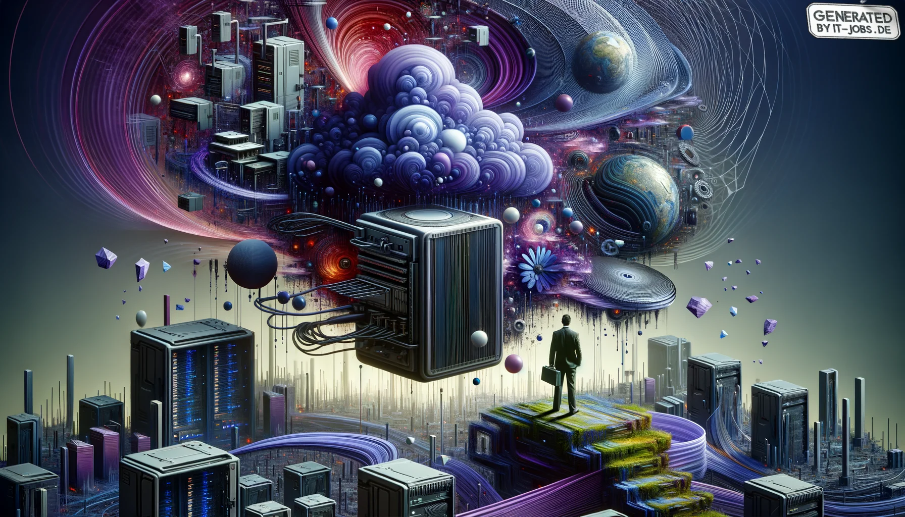 Spezialist für Edge Computing, surrealism style, impossible objects, realistic materials, dark purple main theme
