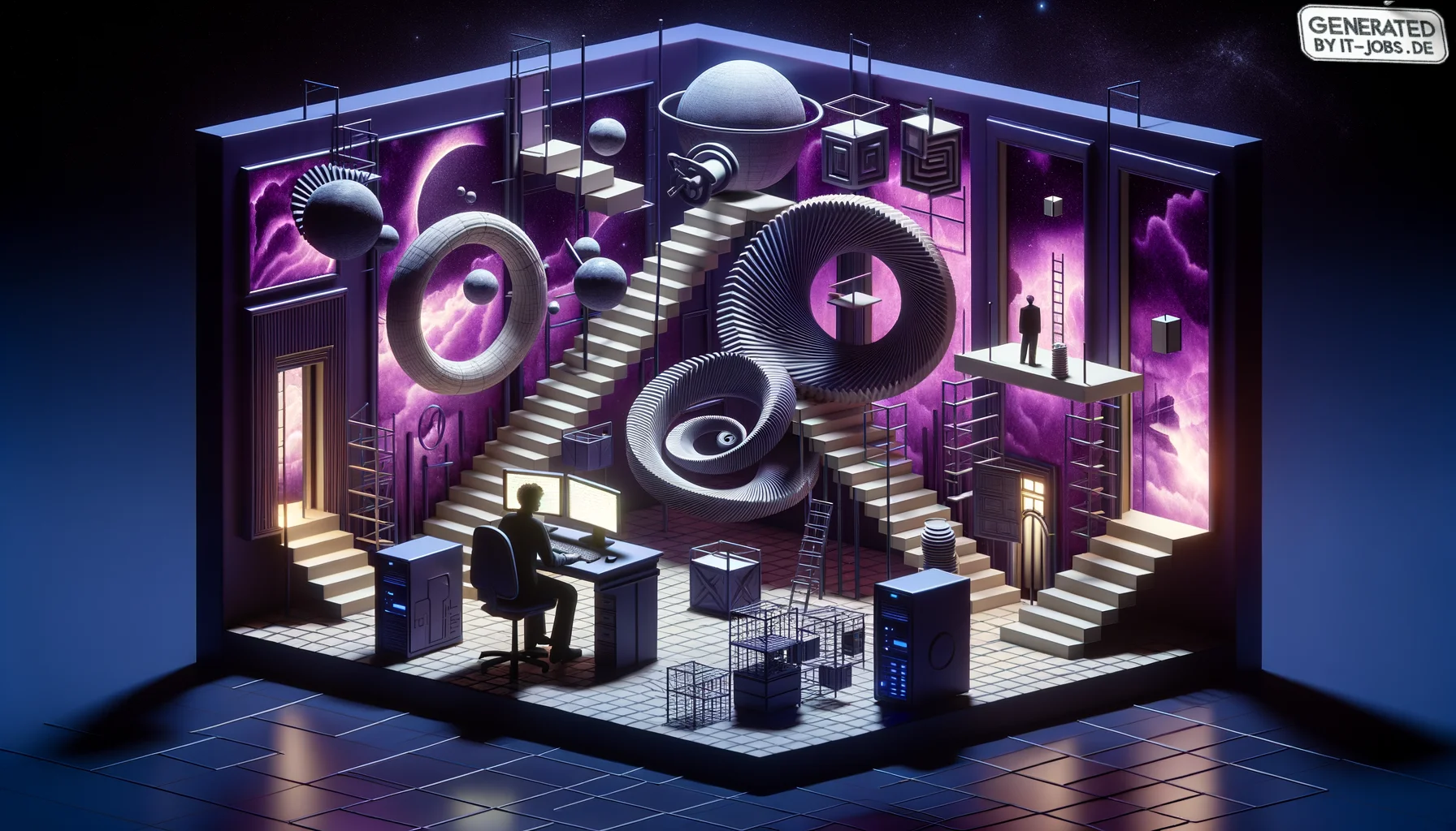 Systemadministrator, surrealism style, impossible objects, realistic materials, dark purple main theme