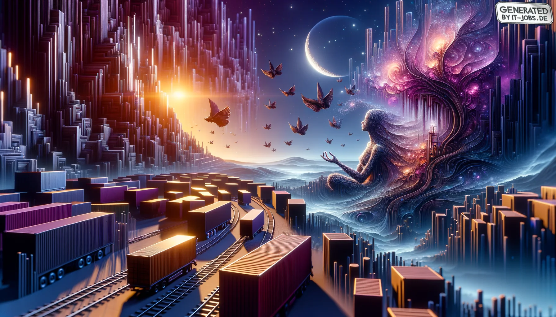 Spezialist für Künstliche Intelligenz in der Logistik, surrealism style, impossible objects, realistic materials, dark purple main theme