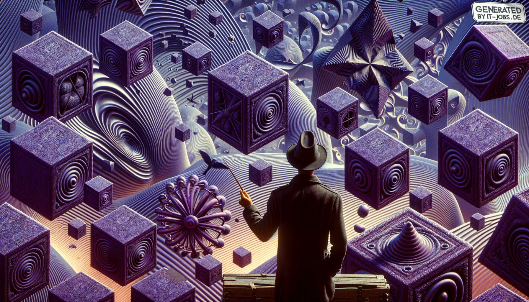 Spezialist für Digitale Transformation, surrealism style, impossible objects, realistic materials, dark purple main theme