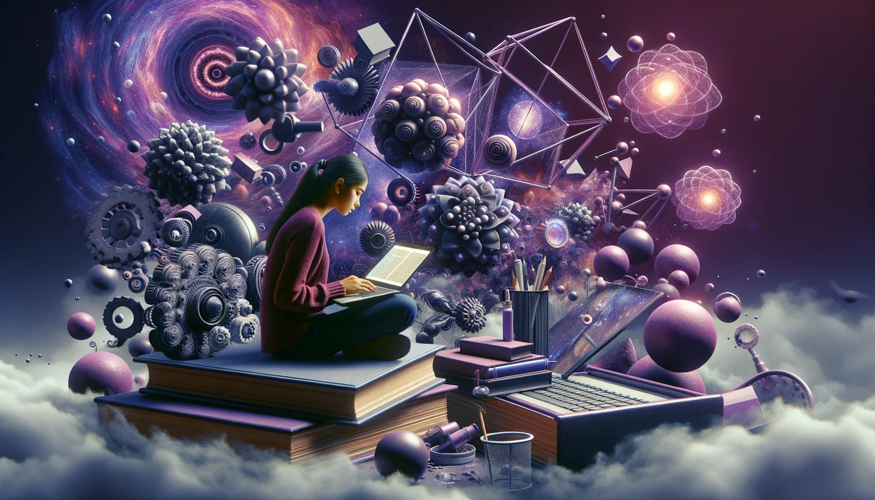 Working Student IT, surrealism style, impossible objects, realistic materials, dark purple main theme