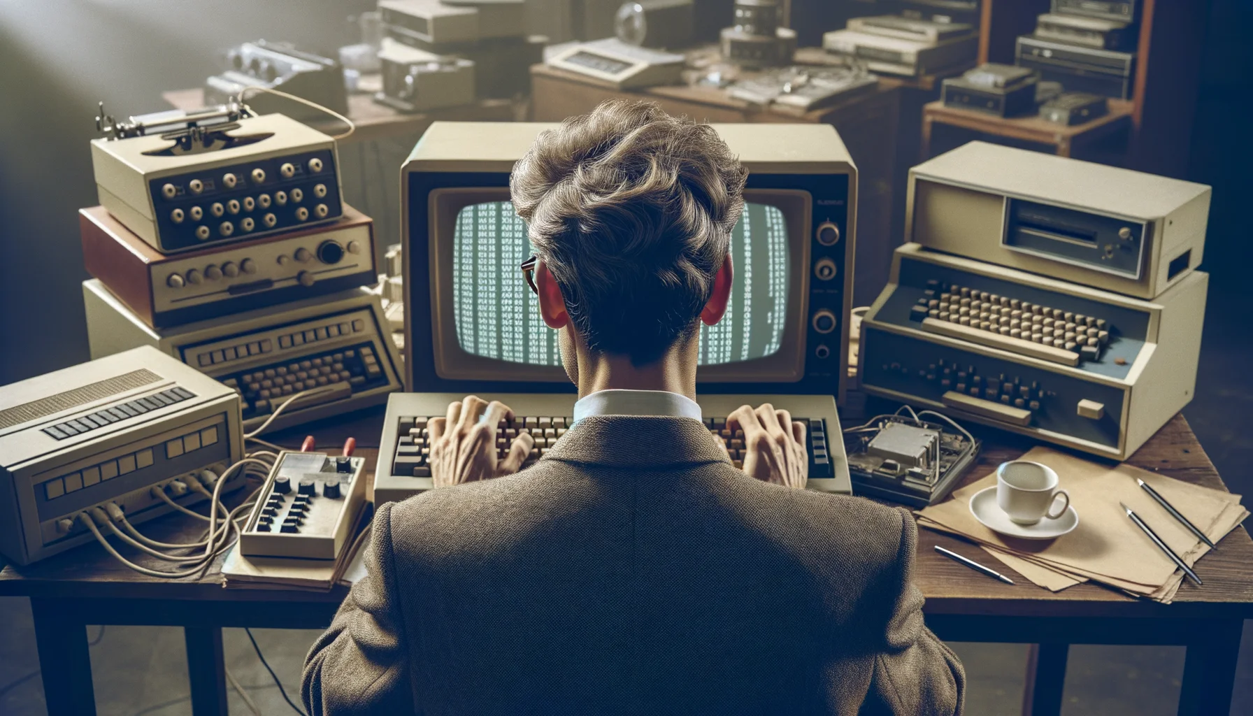 "Ein männlicher Informatiker, 20. Jahrhundert, der an der Entwicklung des Internets beteiligt war", photo, view from behind