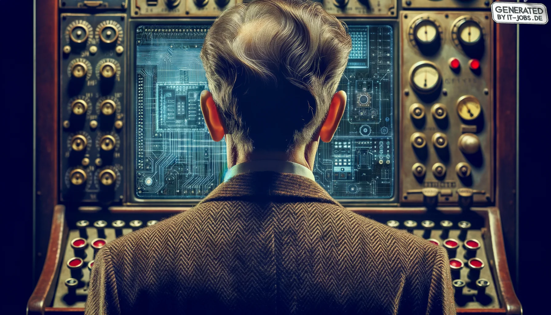 "Ein Computerwissenschaftler des 20. Jahrhunderts, der die Grundlagen der künstlichen Intelligenz schuf", photo, view from behind