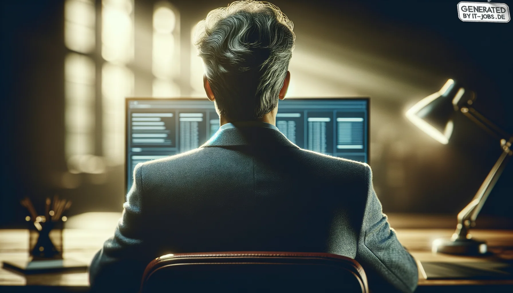 "A revolutionary entrepreneur, 20th century, innovating technology on a sleek, modern computer", photo, view from behind