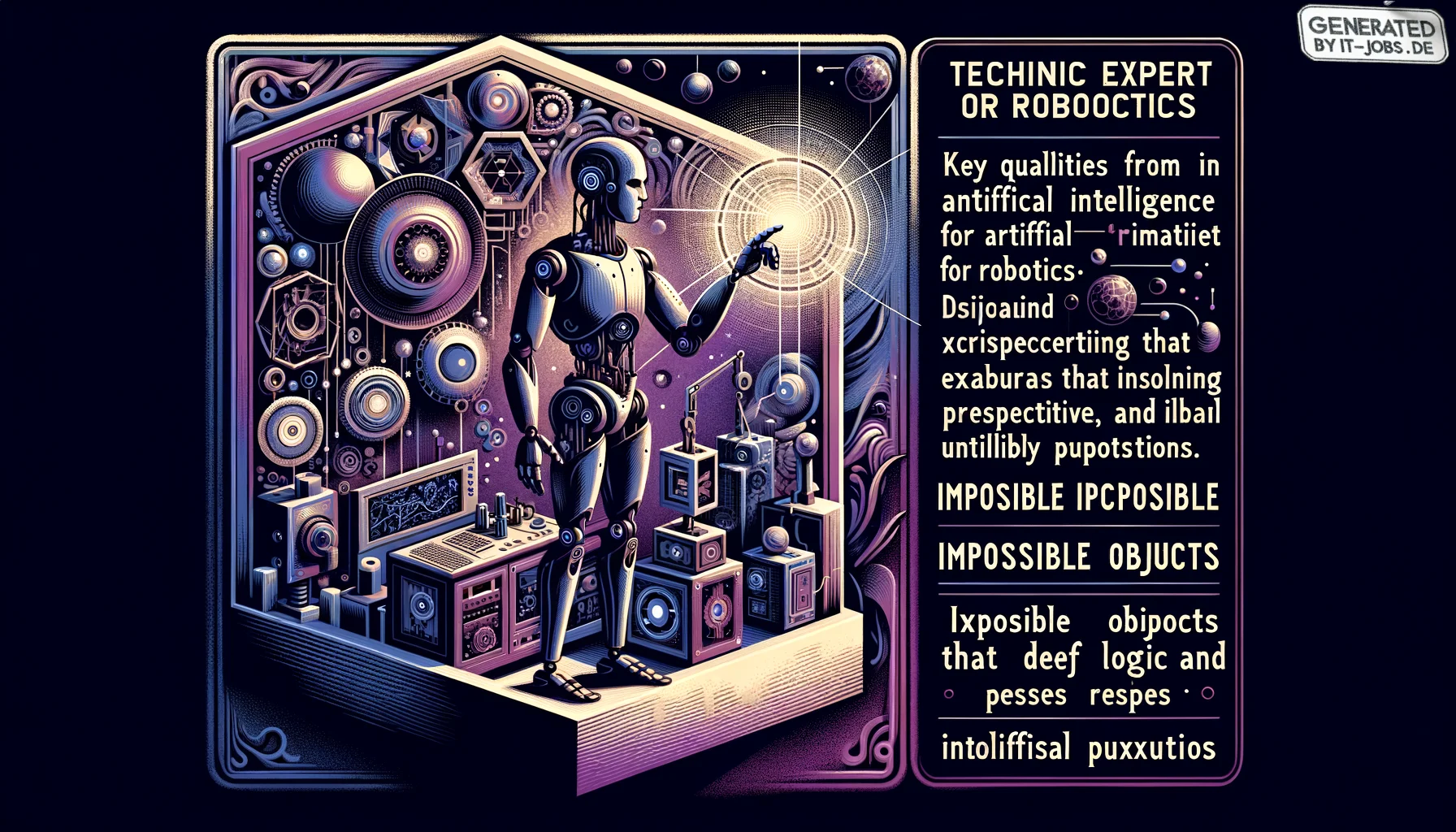 Spezialist für Künstliche Intelligenz in der Robotik, surrealism style, impossible objects, realistic materials, dark purple main theme