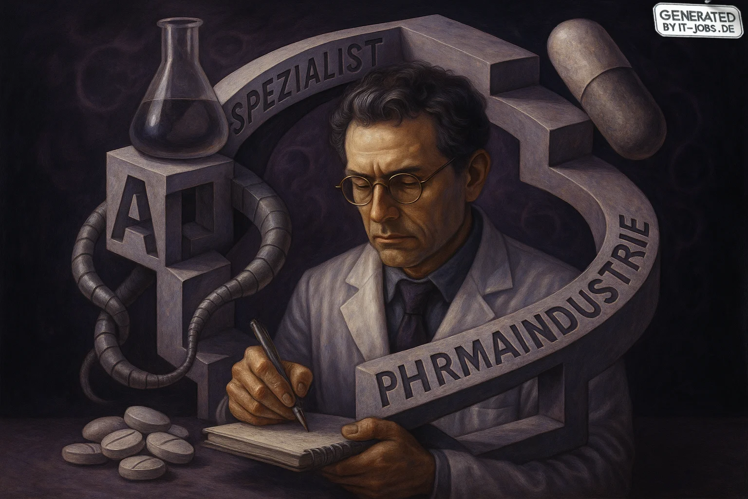 Spezialist für Künstliche Intelligenz in der Pharmaindustrie, surrealism style, impossible objects, realistic materials, dark purple main theme