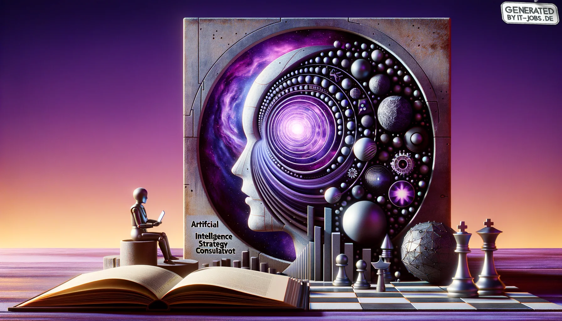 Künstliche Intelligenz Strategieberater, surrealism style, impossible objects, realistic materials, dark purple main theme