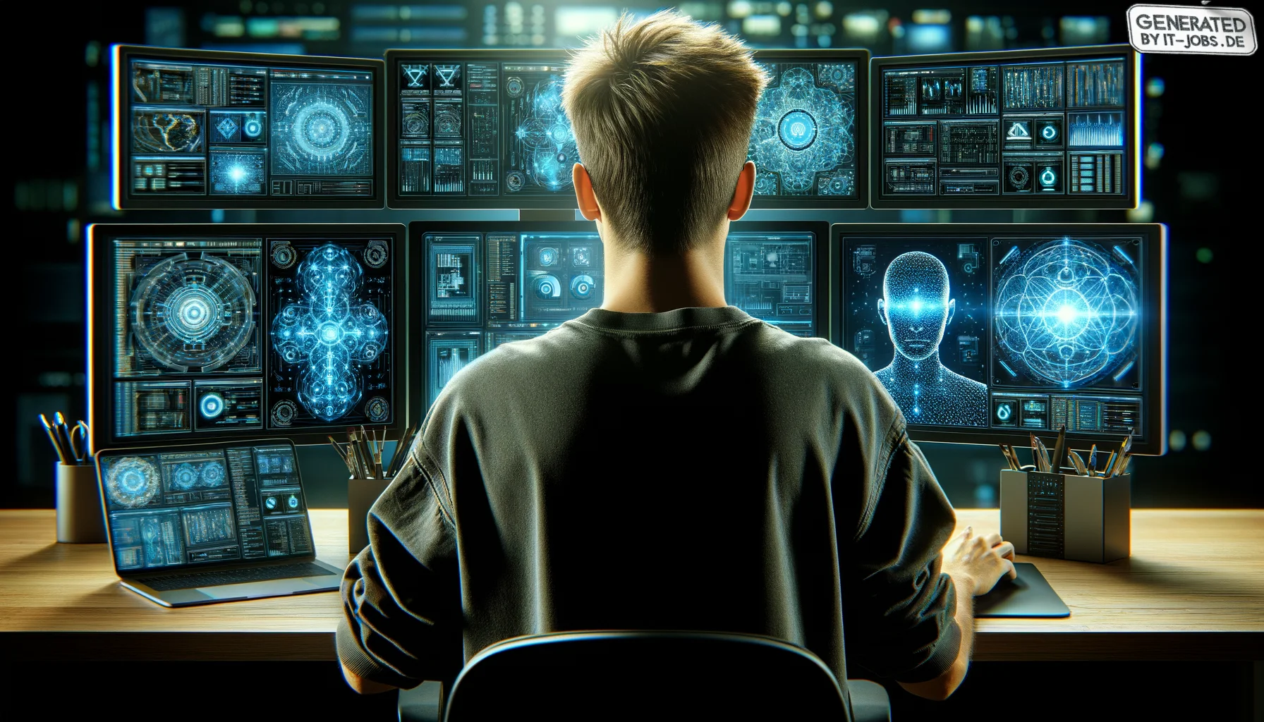 "Ein männlicher Computerspezialist, 21. Jahrhundert, arbeitet an modernster künstlicher Intelligenz", photo, view from behind