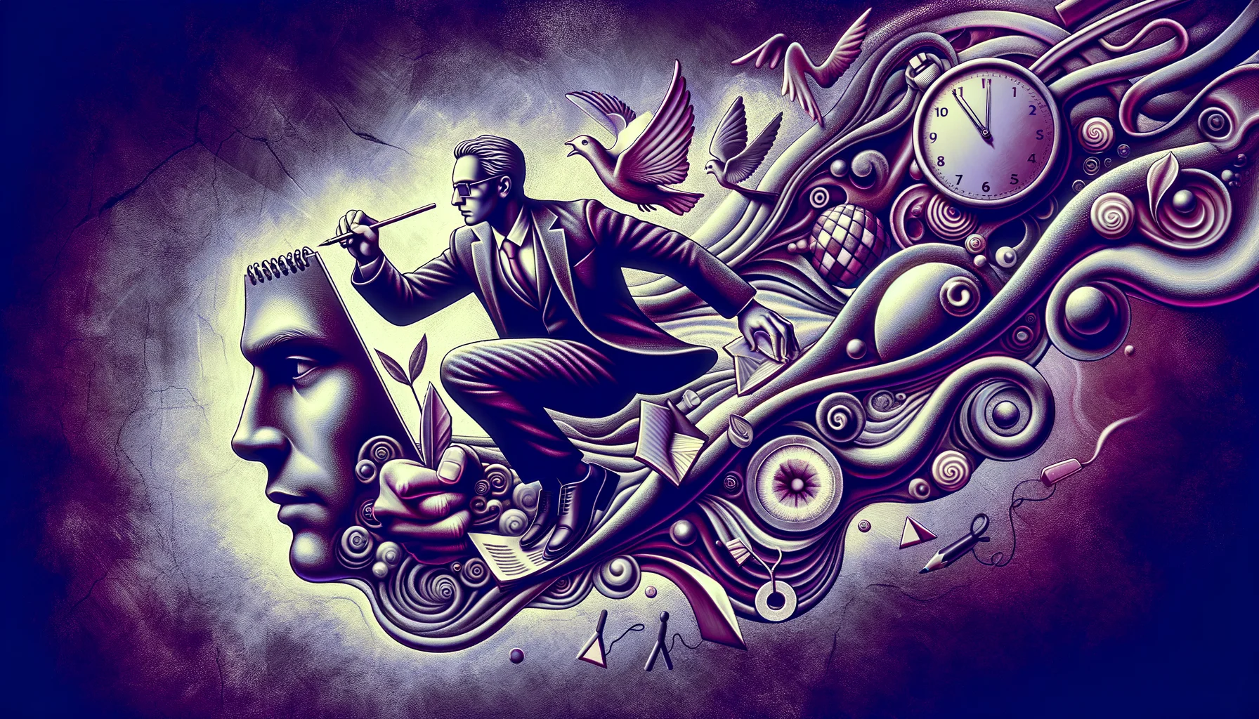 Agile Manager, surrealism style, impossible objects, realistic materials, dark purple main theme