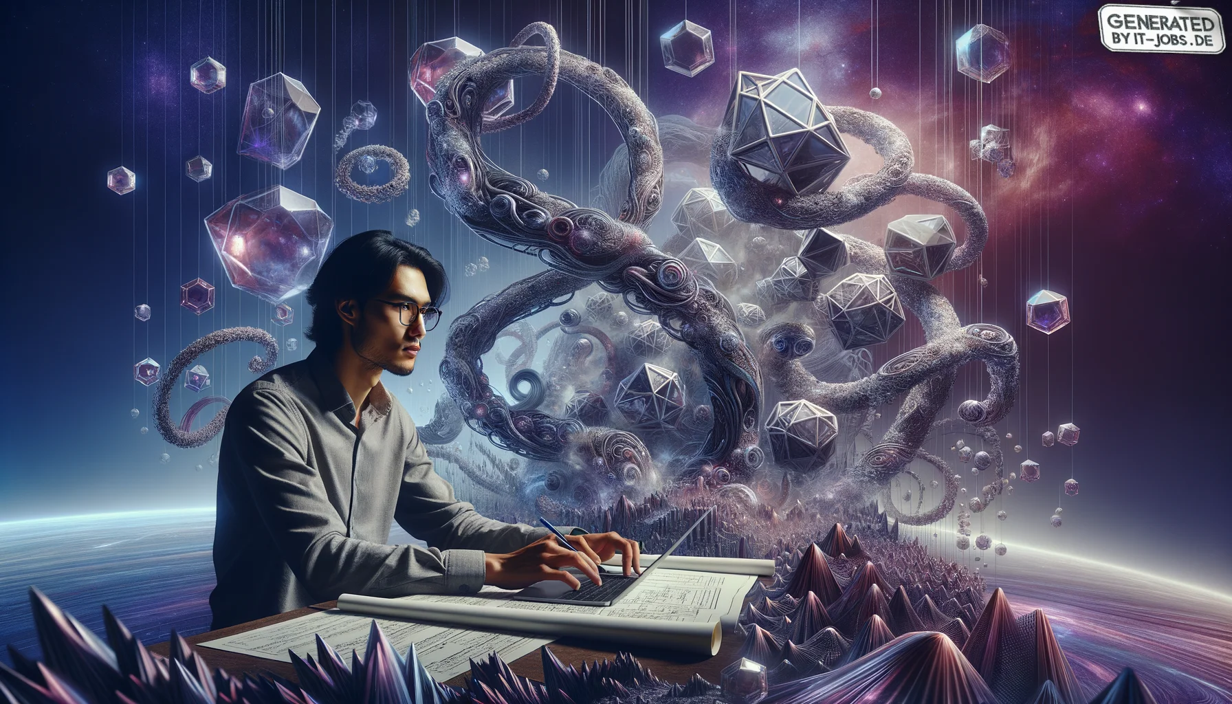 Software Architect, surrealism style, impossible objects, realistic materials, dark purple main theme