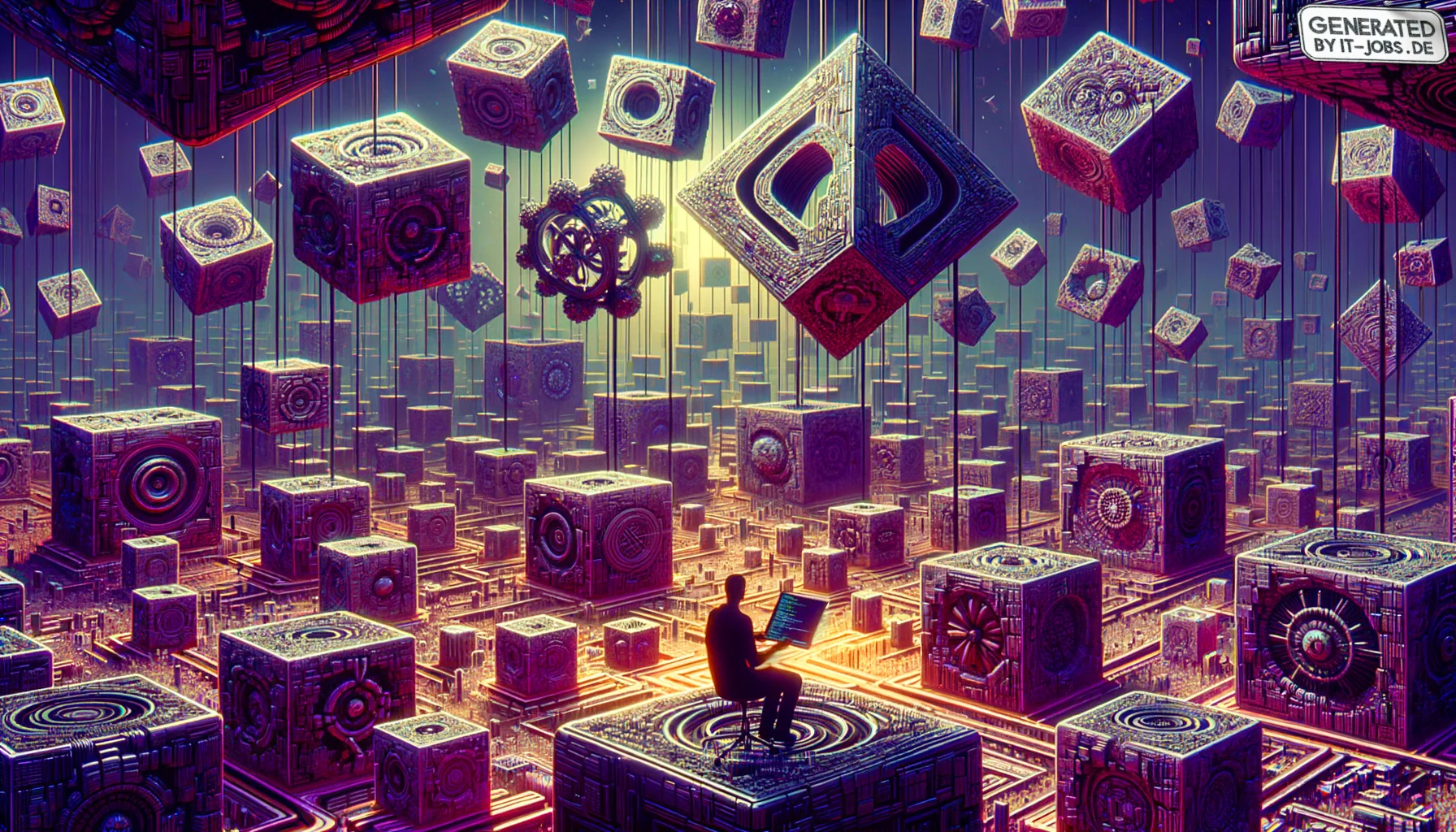 Blockchain Entwickler, surrealism style, impossible objects, realistic materials, dark purple main theme