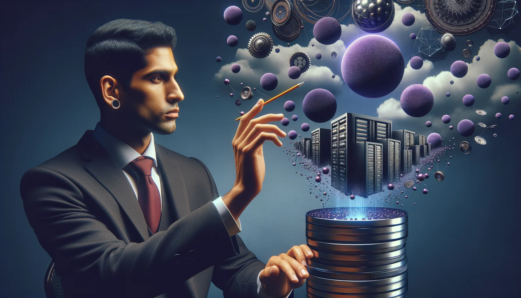 Data Engineer, surrealism style, impossible objects, realistic materials, dark purple main theme