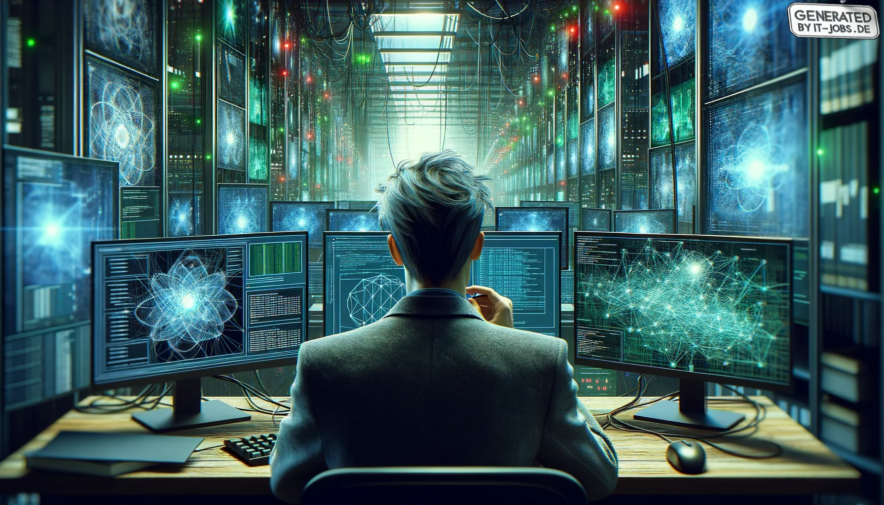 "Ein führender Computerwissenschaftler des 21. Jahrhunderts, der sich auf maschinelles Lernen und künstliche Intelligenz spezialisiert hat", photo, view from behind