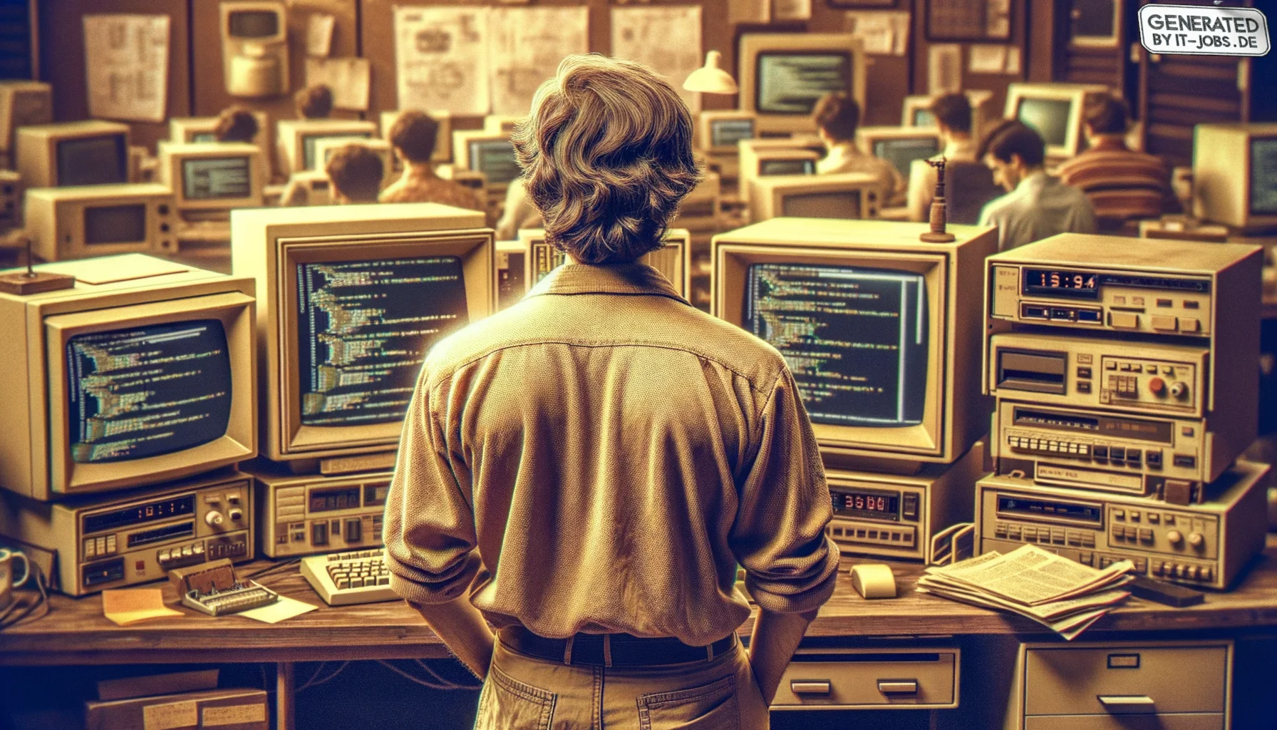 "Ein männlicher Informatiker, Ende des 20. Jahrhunderts, der die revolutionäre Programmiersprache Python entwickelte", photo, view from behind