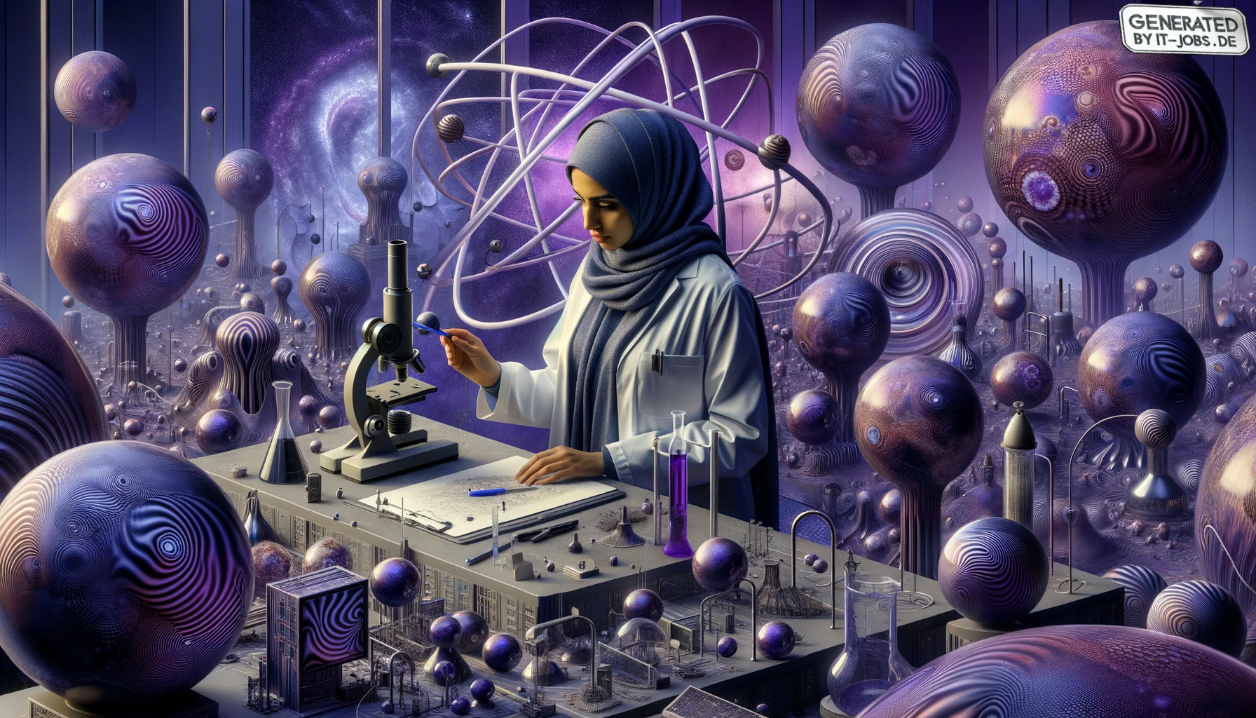 Quanteninformatik-Experte, surrealism style, impossible objects, realistic materials, dark purple main theme
