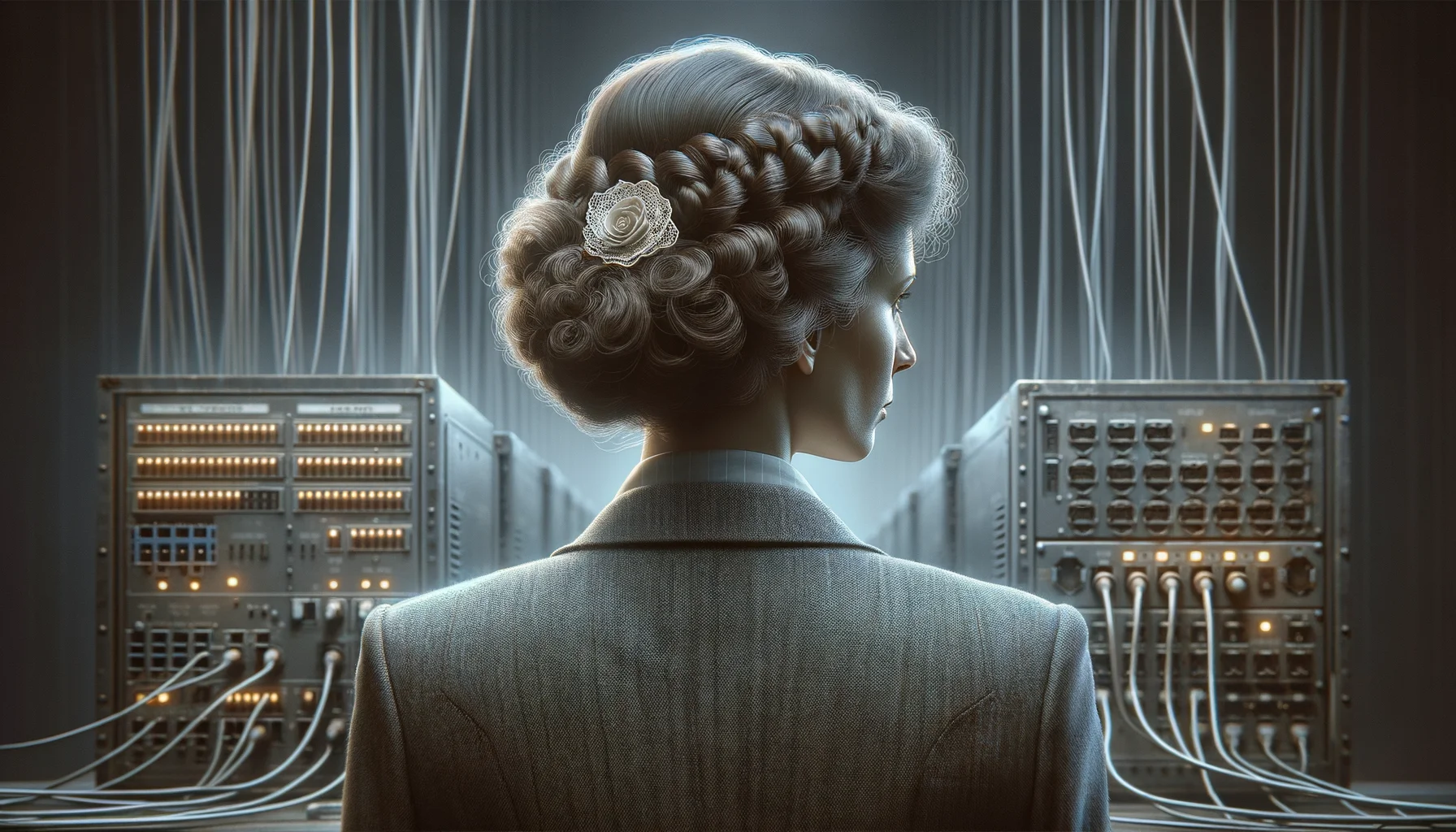 "Eine weibliche Informatikerin, 20. Jahrhundert, die zur Entwicklung der Netzwerktechnik beigetragen hat", photo, view from behind