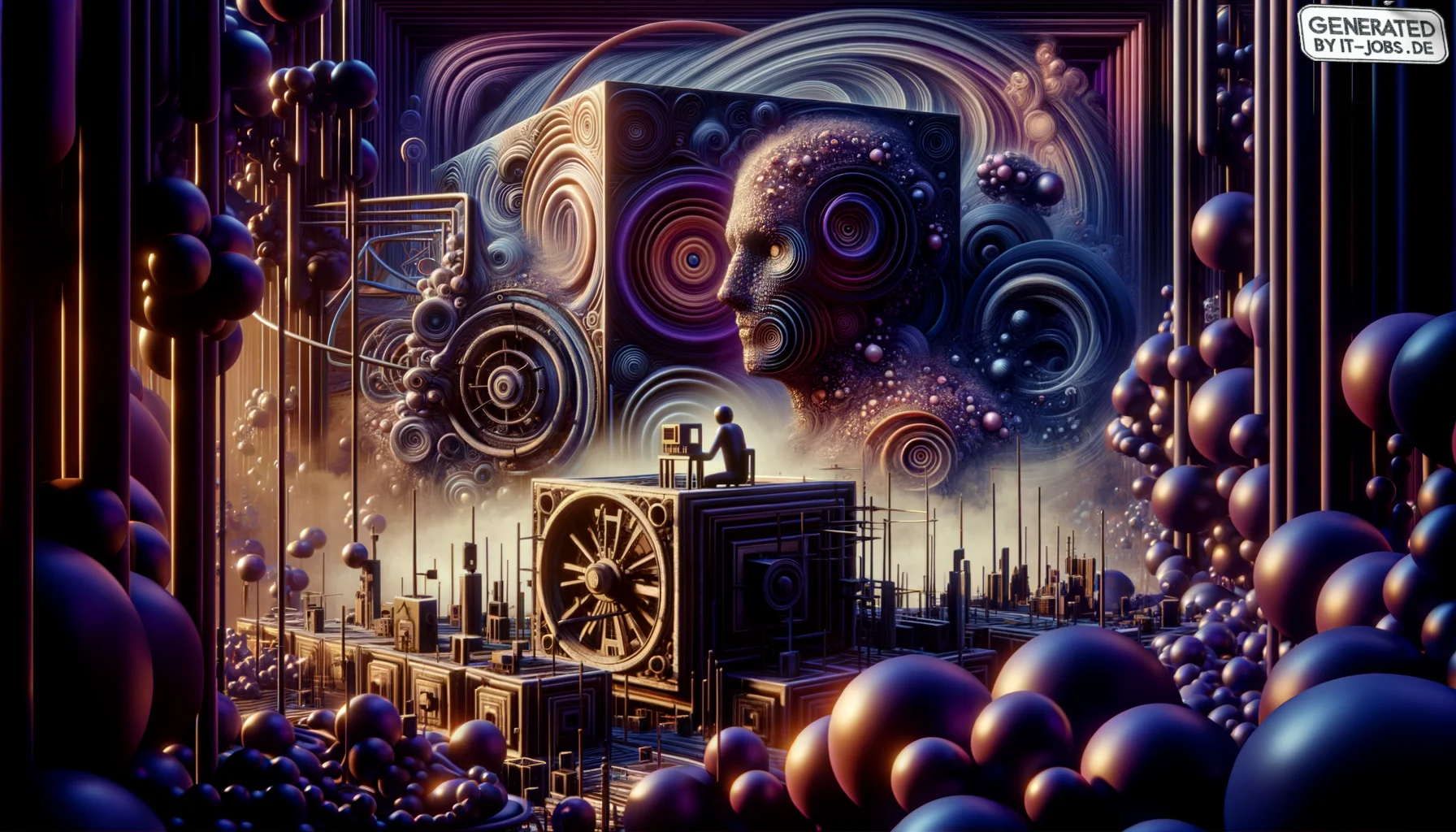 Quantencomputing-Experte, surrealism style, impossible objects, realistic materials, dark purple main theme