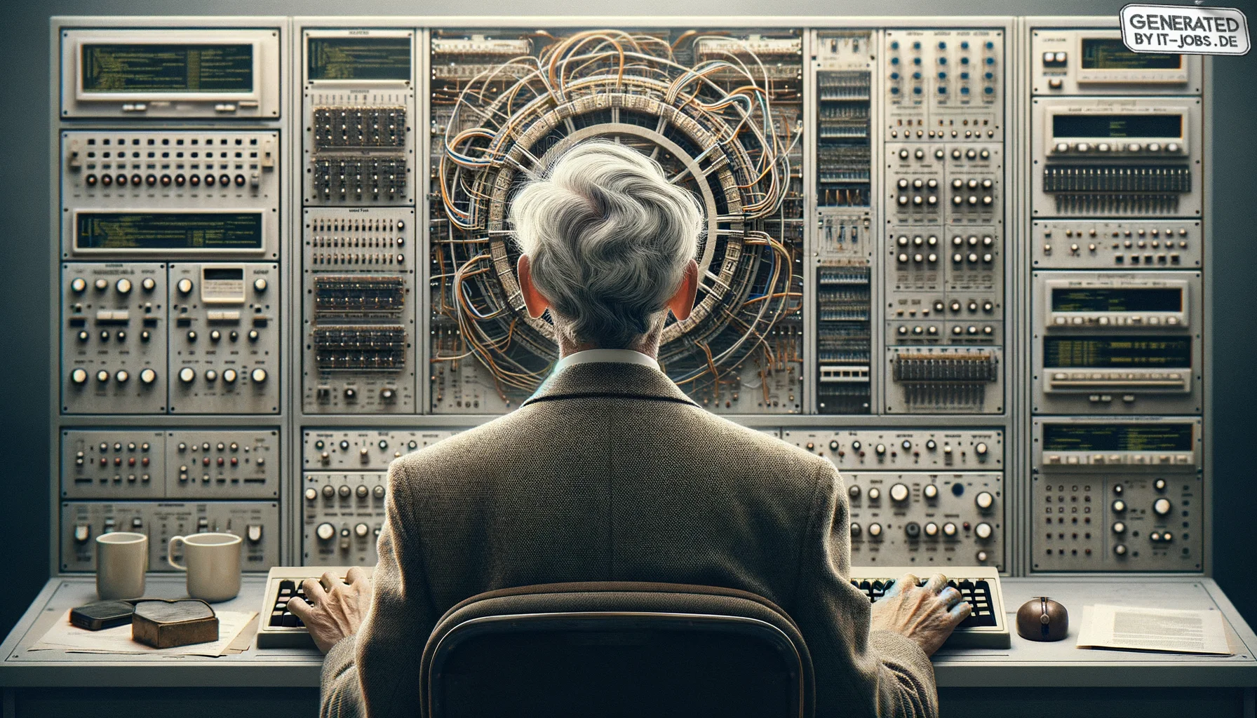 "Ein Computerwissenschaftler des 20. Jahrhunderts, der das Internet, wie wir es heute kennen, mitentwickelt hat", photo, view from behind