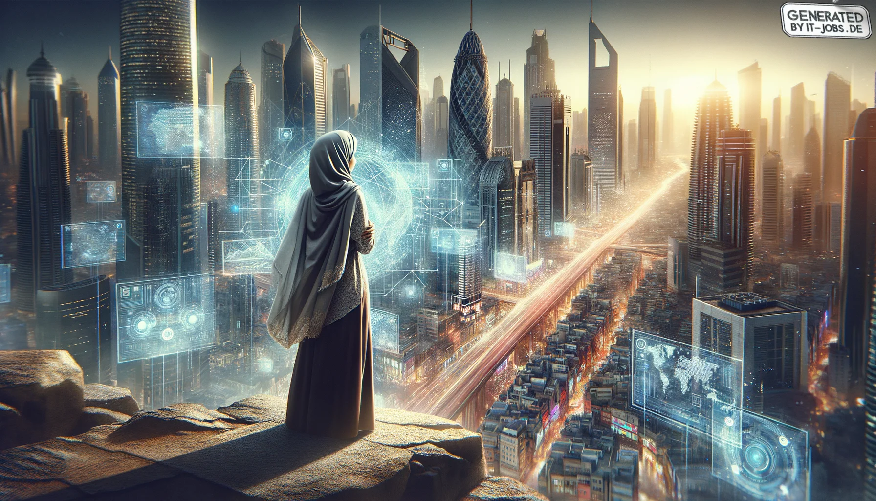 "An innovator ahead of her time, envisioning a world transformed by technology", photo, view from behind