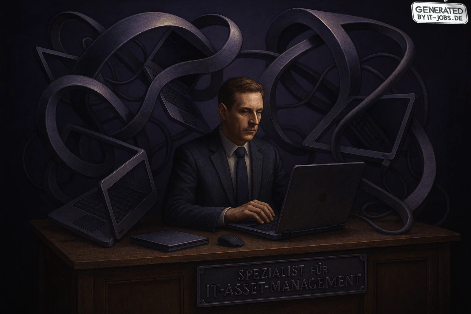 Spezialist für IT-Asset-Management, surrealism style, impossible objects, realistic materials, dark purple main theme
