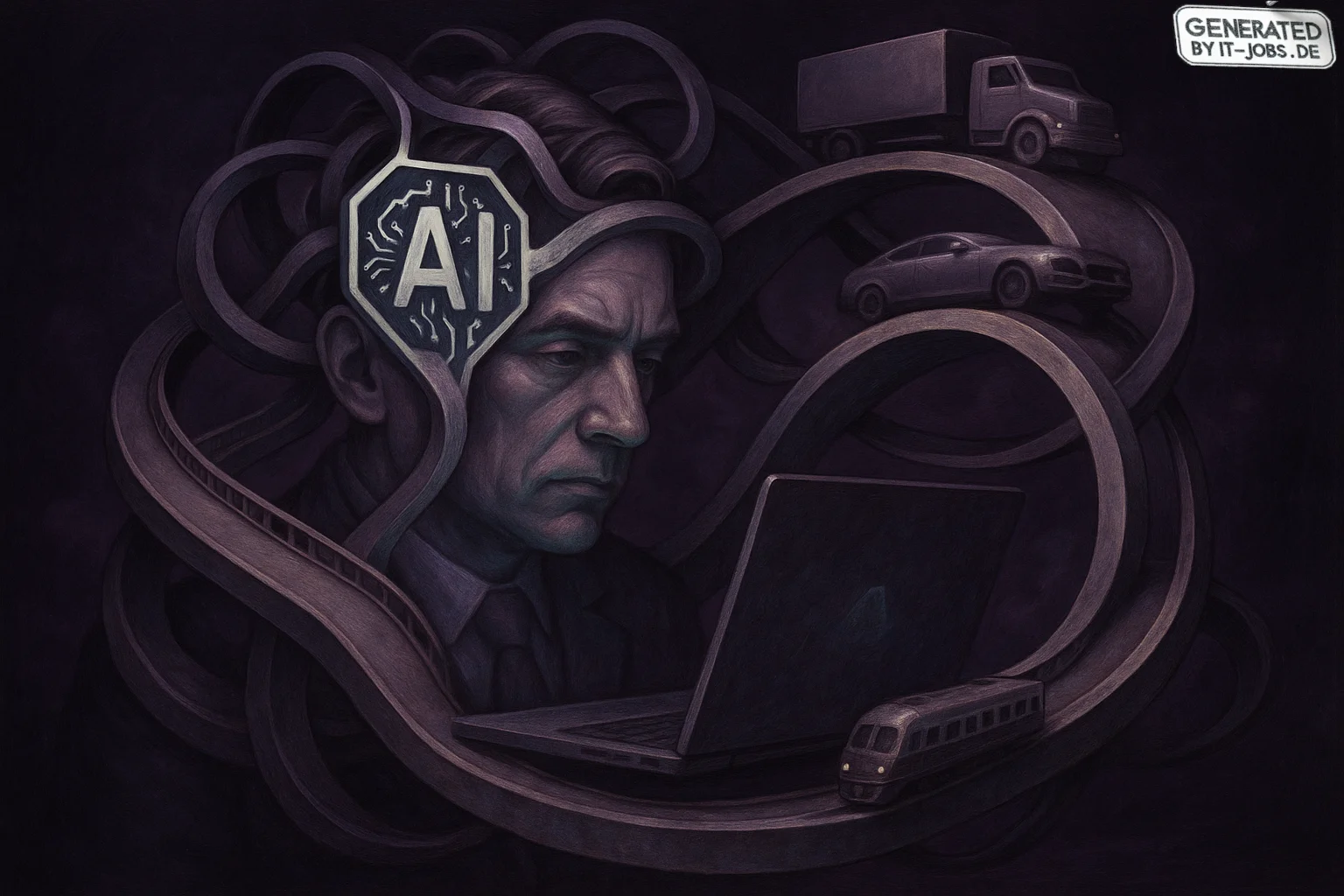 Spezialist für Künstliche Intelligenz im Transportwesen, surrealism style, impossible objects, realistic materials, dark purple main theme