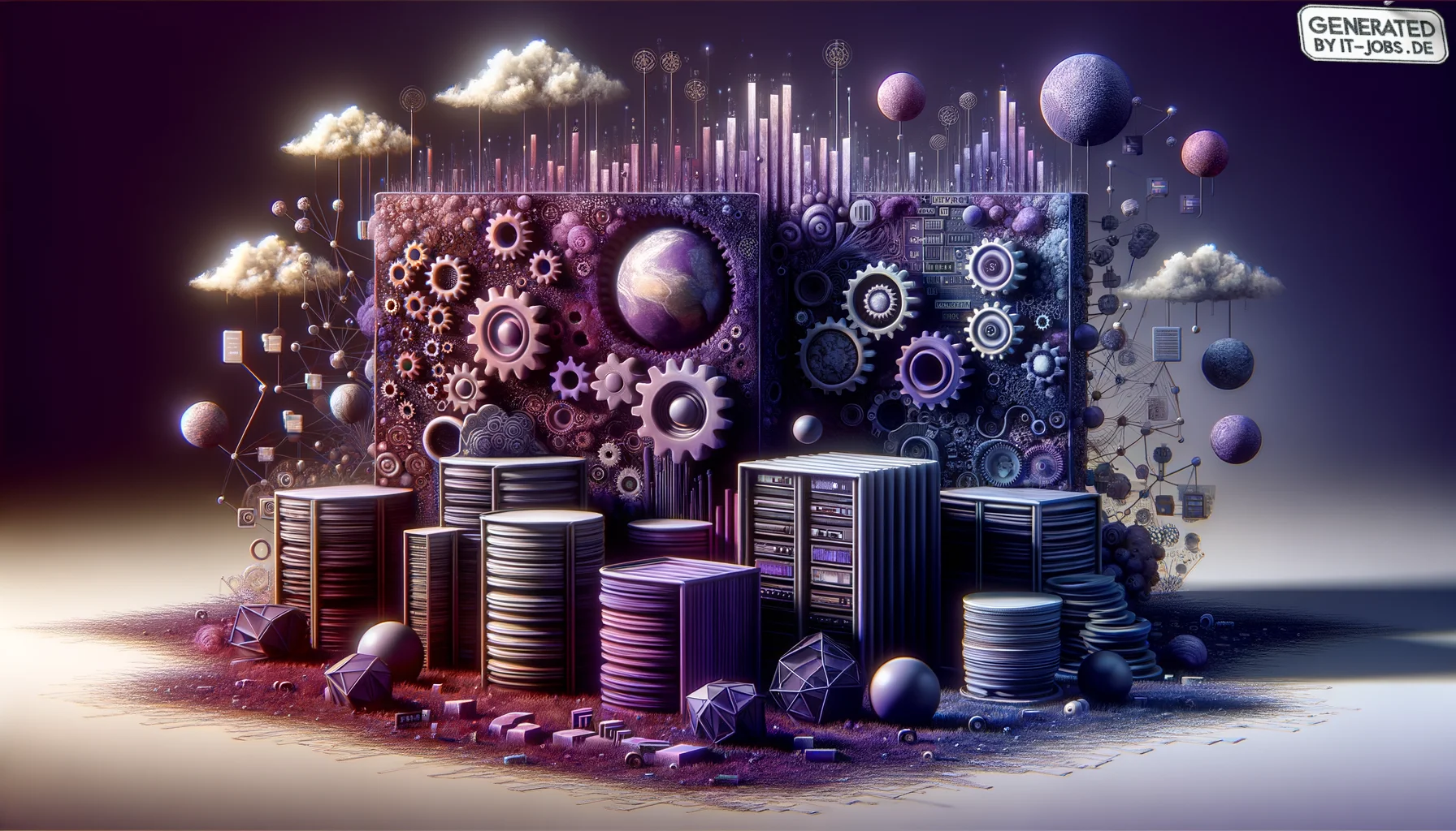 Backend Developer, surrealism style, impossible objects, realistic materials, dark purple main theme