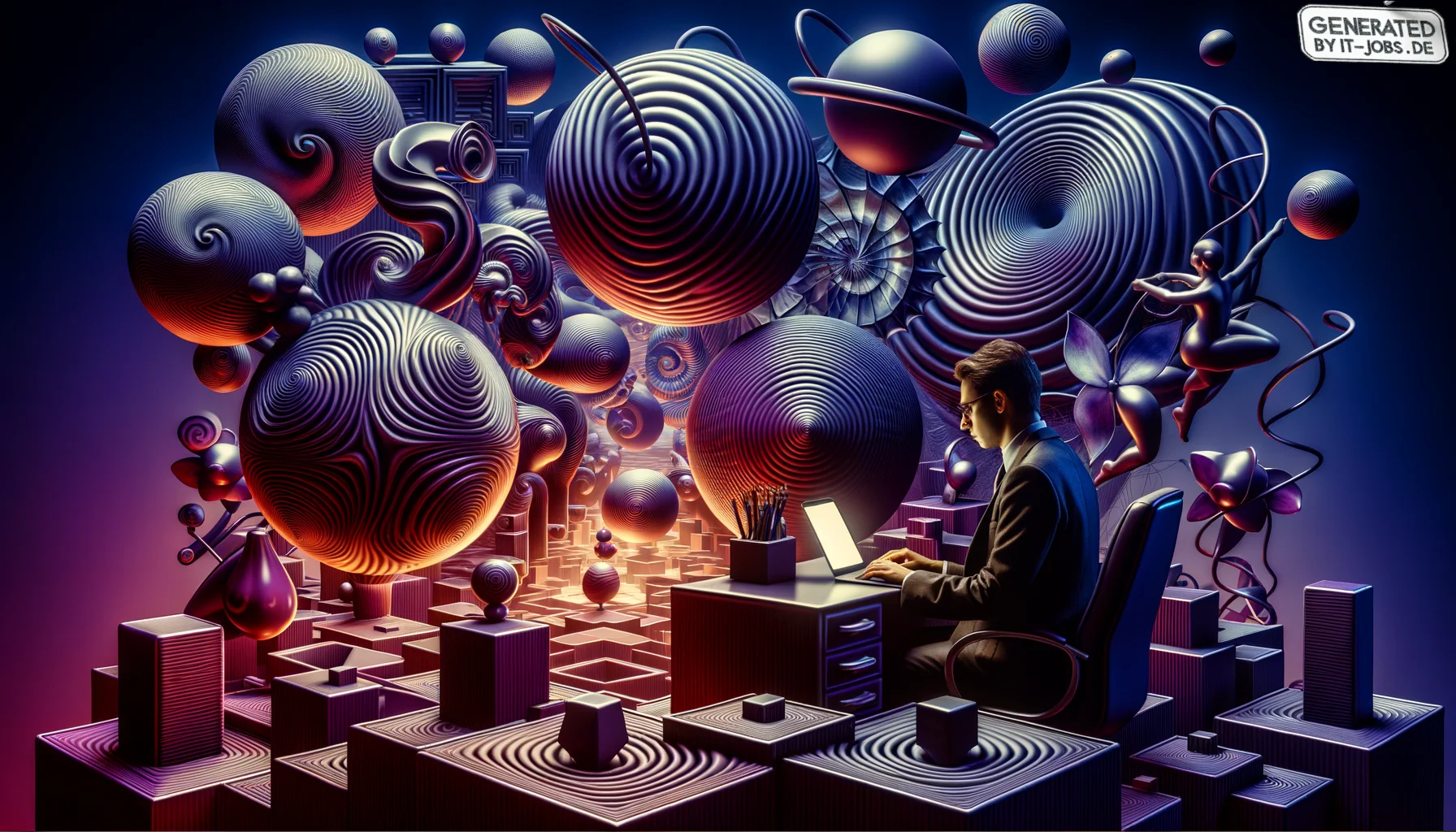 Spezialist für IT-Compliance, surrealism style, impossible objects, realistic materials, dark purple main theme