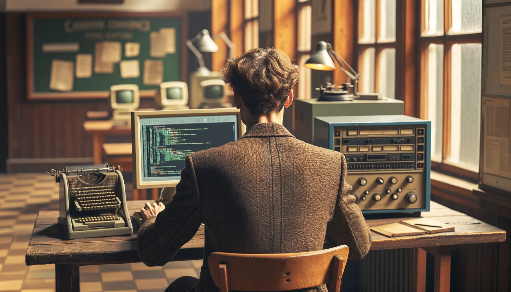 "Ein männlicher Informatiker, 20. Jahrhundert, arbeitet an der Entwicklung des modernen Internets", photo, view from behind