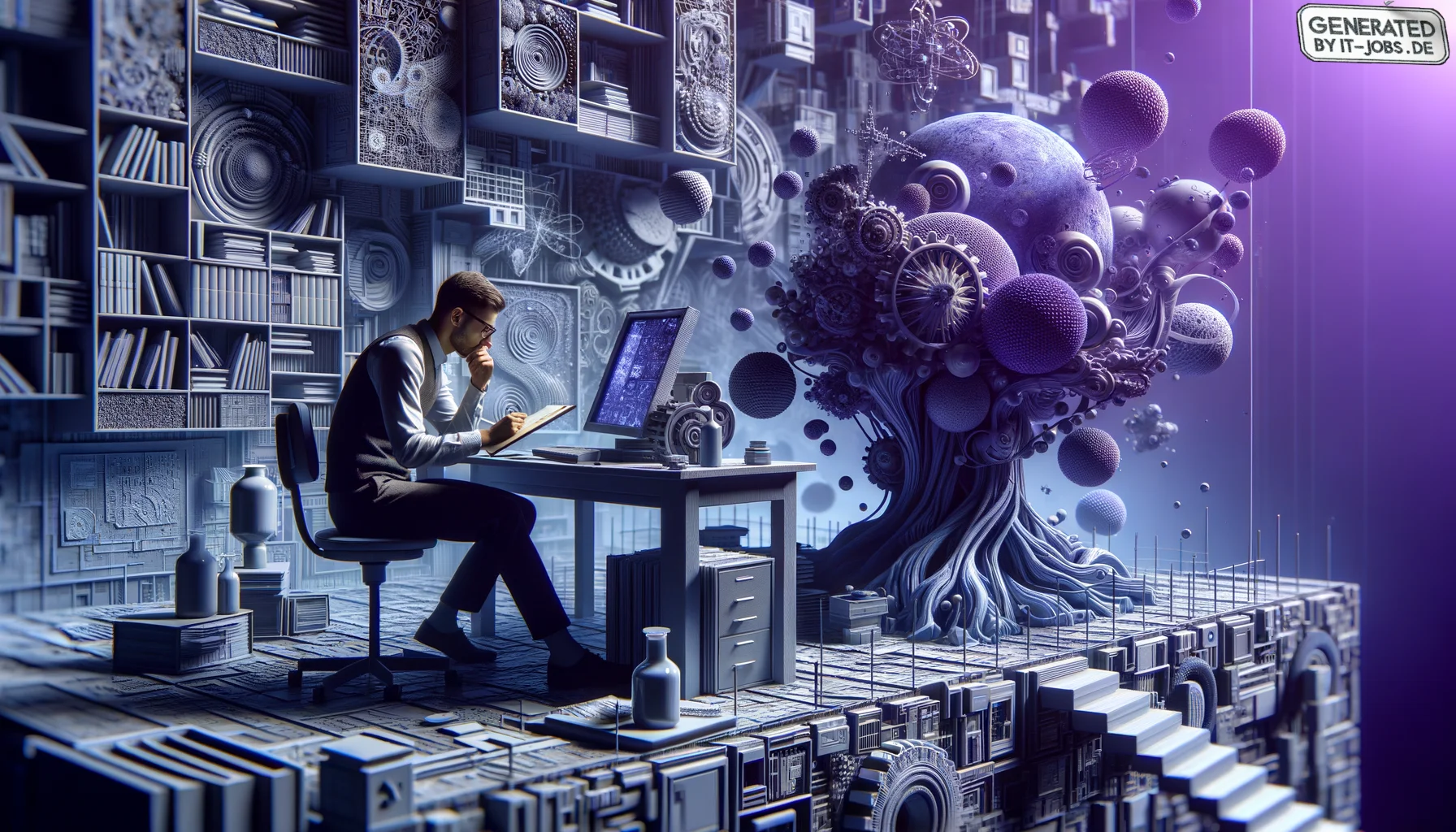 Spezialist für Kognitive Computing, surrealism style, impossible objects, realistic materials, dark purple main theme