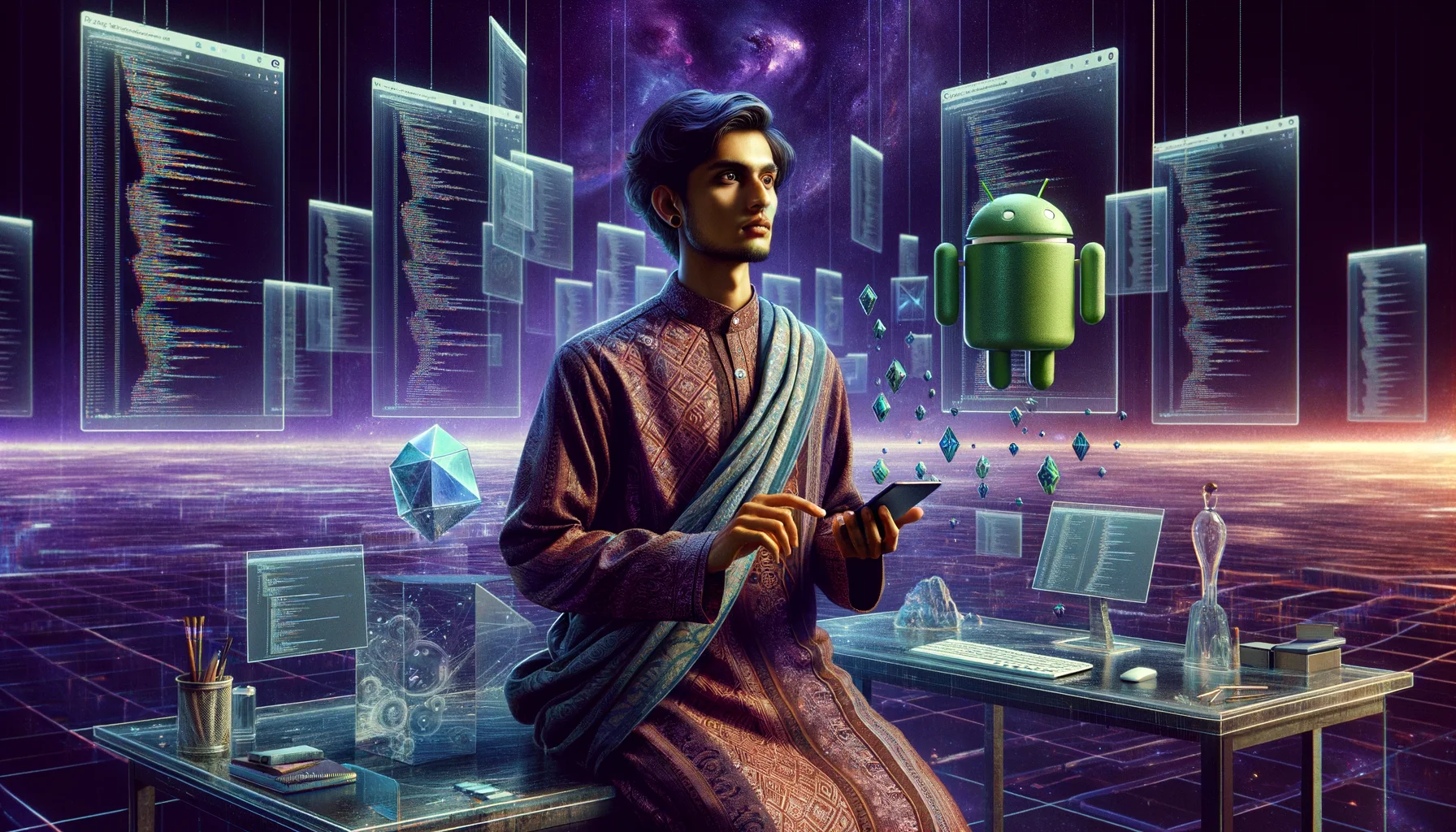 Android Developer, surrealism style, impossible objects, realistic materials, dark purple main theme