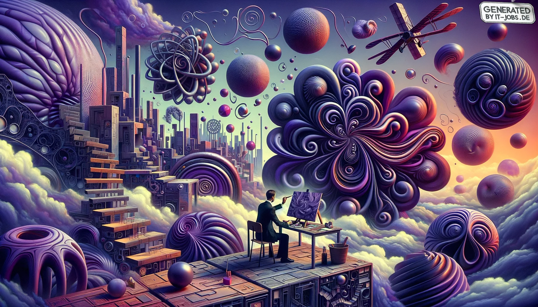 Metaverse-Entwicklungsspezialist, surrealism style, impossible objects, realistic materials, dark purple main theme