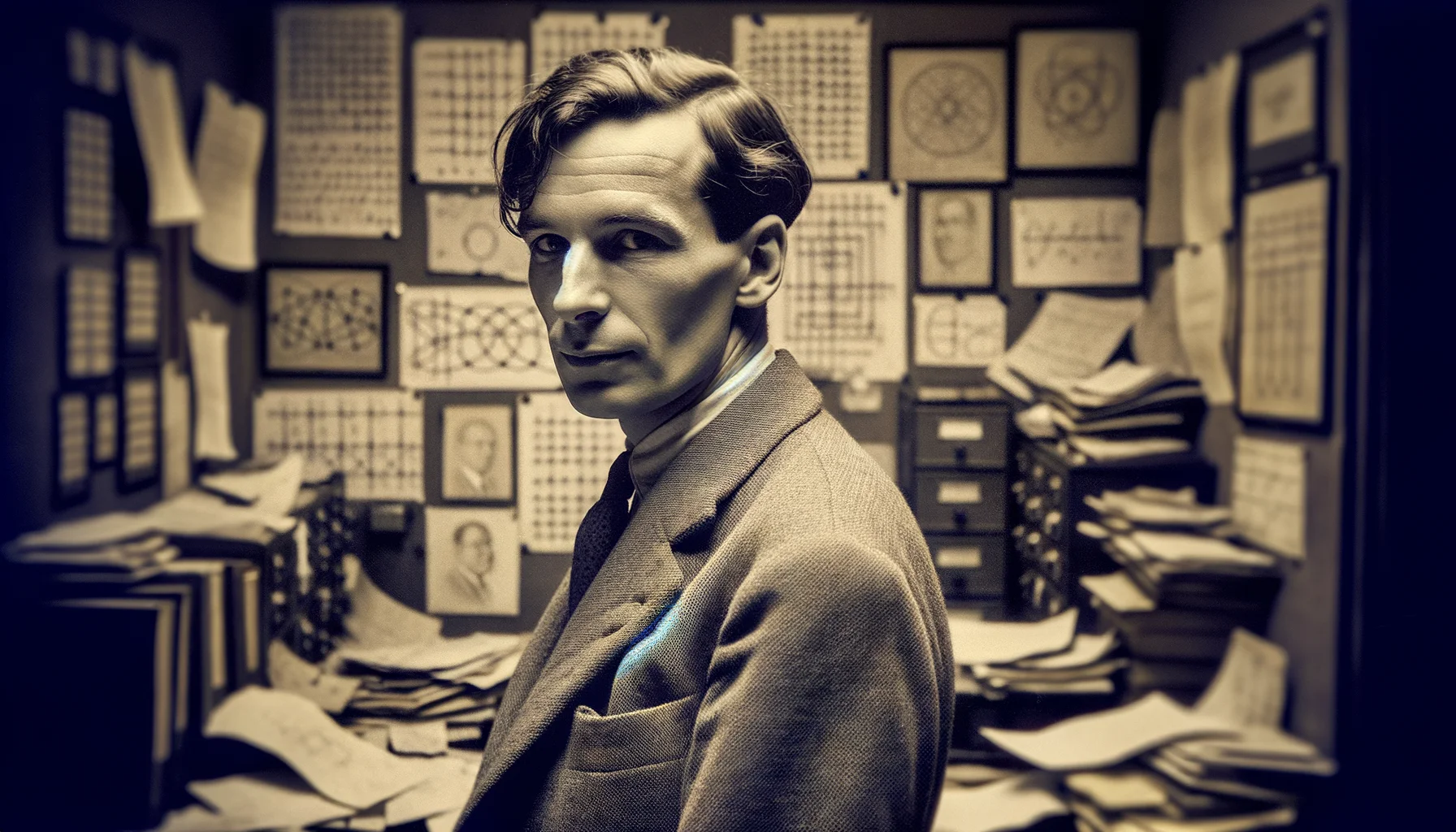 "Ein britischer Mathematiker, Logiker und Kryptoanalytiker, 20. Jahrhundert, der an der Entschlüsselung des Enigma-Codes während des Zweiten Weltkriegs arbeitete und die Turing-Maschine entwickelte, ein grundlegendes Modell für Computer.", photo, view fro