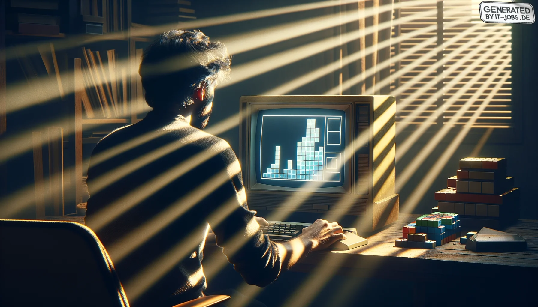 "A Russian video game designer, 20th century, creating the iconic game 'Tetris' on his computer", photo, view from behind