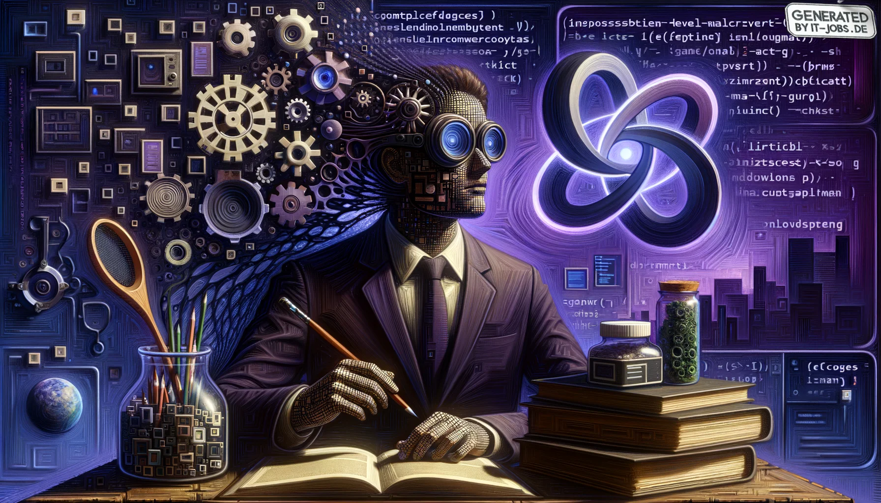 Spezialist für Computer-Vision-Anwendungen, surrealism style, impossible objects, realistic materials, dark purple main theme