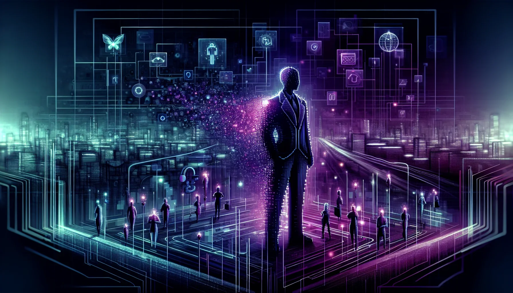 Visualize an artful and engaging scene that embodies the essence of influence and leadership within the IT world, painted in a rich palette dominated by dark purple hues, with hints of electric blue and neon green to add vibrancy and depth. The background