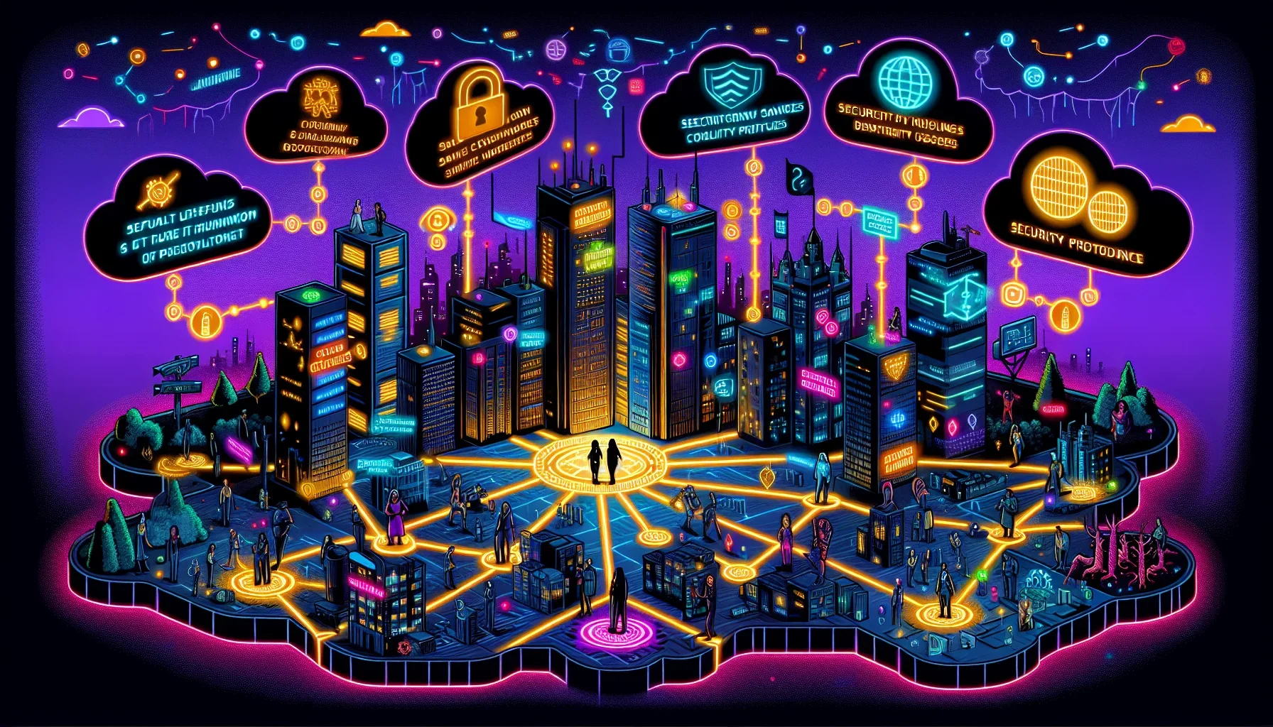 Envision a bold, striking digital canvas, dominated by hues of dark purple and accented with flashes of neon to create a dynamic, edgy atmosphere. The background subtly incorporates a sprawling, futuristic cityscape, representing the complex and ever-evol