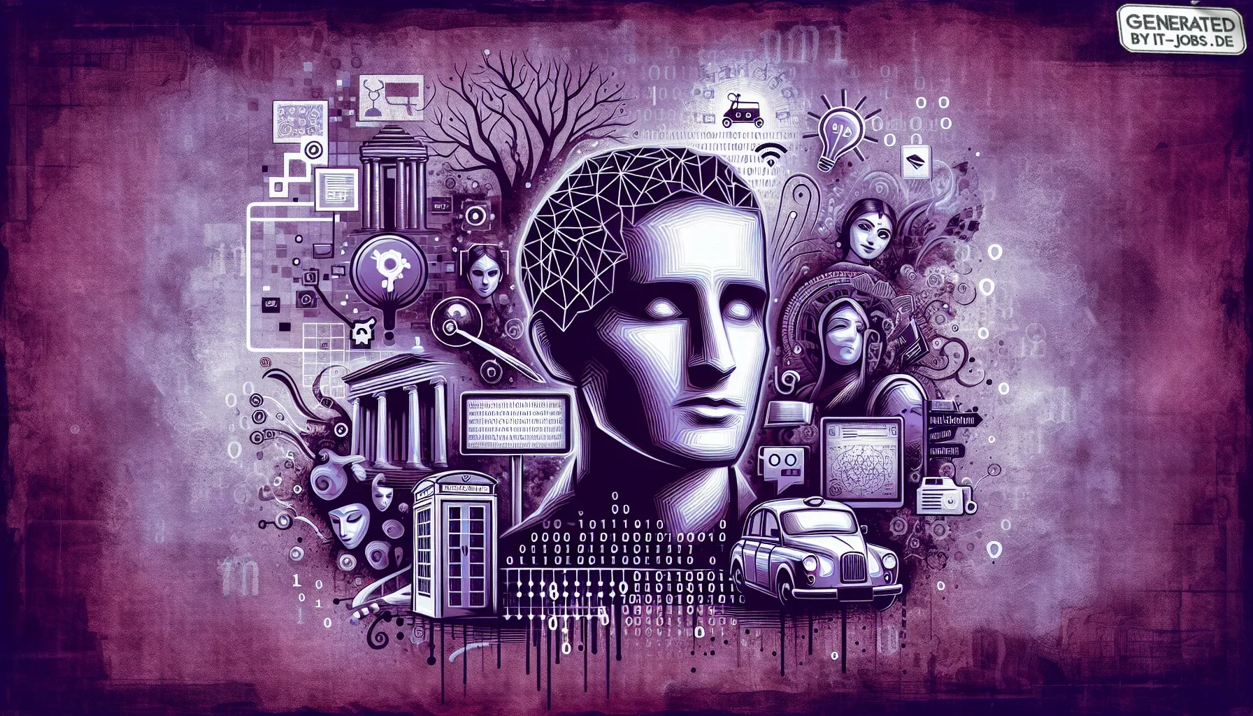 Visualize an artful and edgy graphic that captures the multifaceted essence of Raj Reddy’s life, steeped in a moody dark purple hue that evokes a sense of depth and mystery. The central focus of this image is a stylized, semi-realistic portrait of Reddy, 
