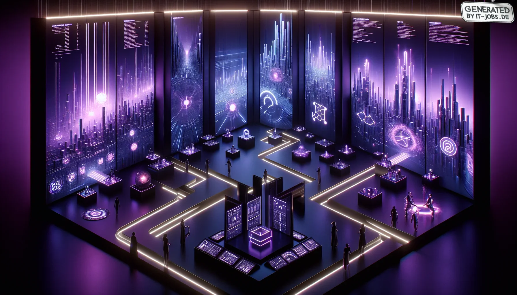 Visualize stepping into a dimly lit, expansive digital gallery, walls pulsating with a deep, dark purple hue that sets a futuristic yet mysterious ambiance. The scene is charged with an edgy, almost cyberpunk aesthetic, where neon lights subtly illuminate