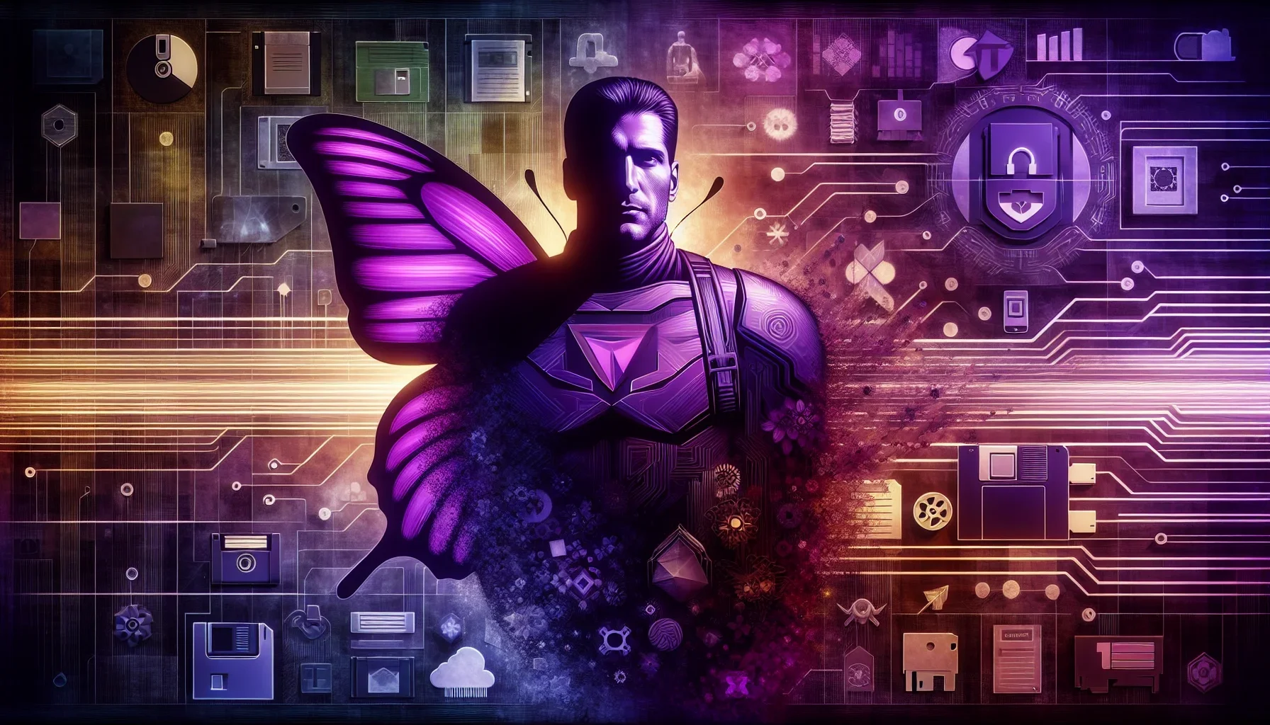 A digital canvas bursting with deep, mysterious shades of purple. At its center stands a figure, Satya Nadella, cast in a lighter hue of purple and donned in a futuristic helmsman outfit. His figure is imposing yet approachable, a testament to his leaders