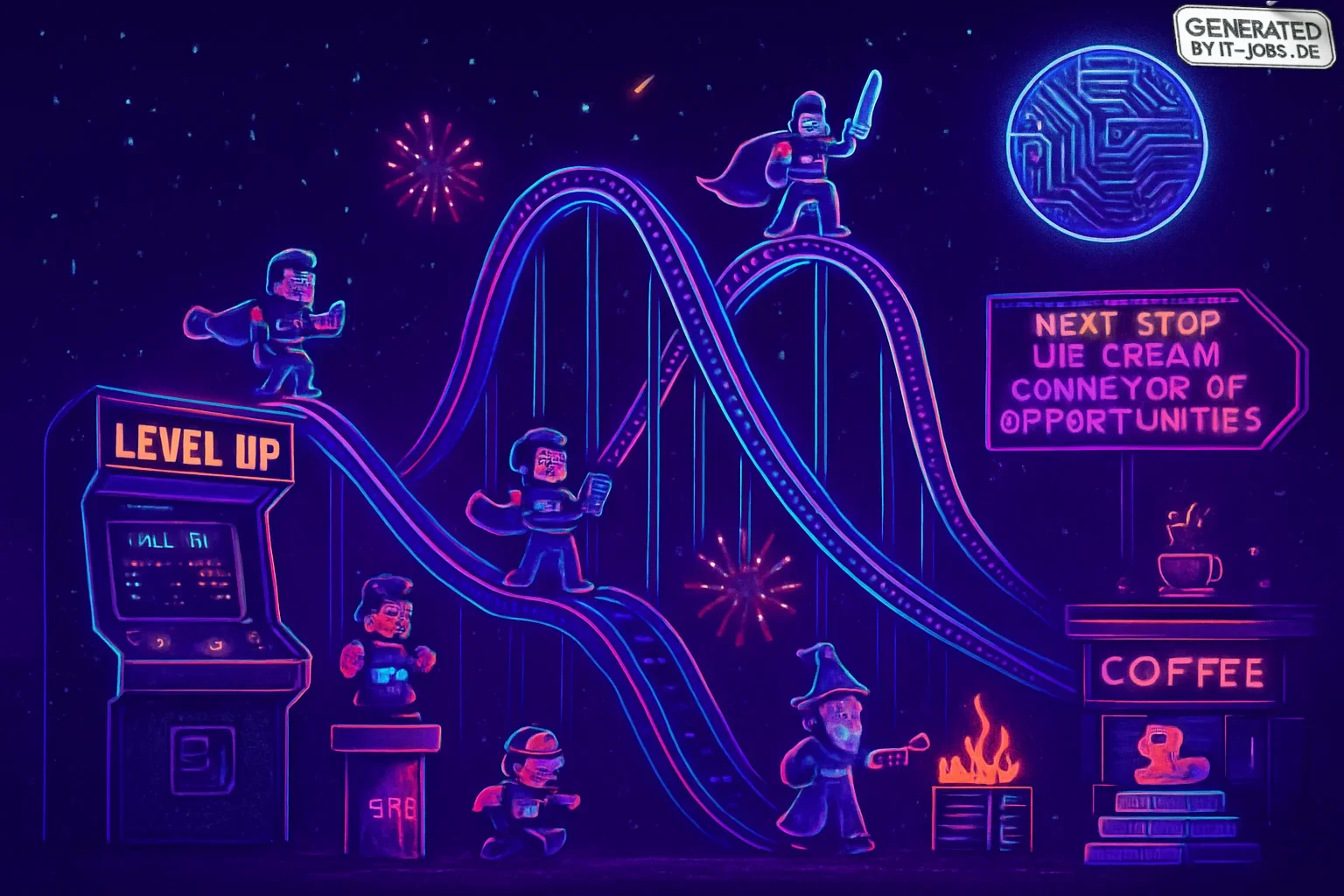 A vibrant digital landscape features a dark purple sky dotted with binary stars. A roller coaster of glowing data streams symbolizes the thrilling journey of IT careers. Pixelated tech avatars tackle challenges, while pop culture references and humorous e