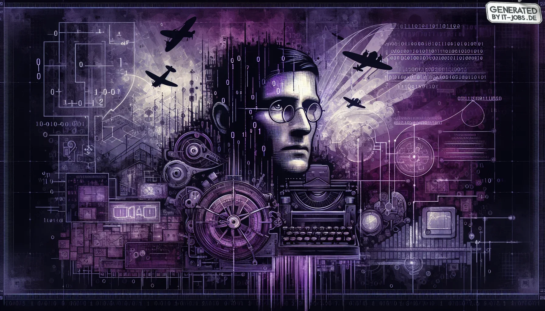 Imagine a dynamic and visually striking digital artwork that encapsulates the essence of Claude Shannon's groundbreaking work during World War II. The overall color scheme is a deep, dark purple, evoking a sense of mystery and the secretive nature of cryp