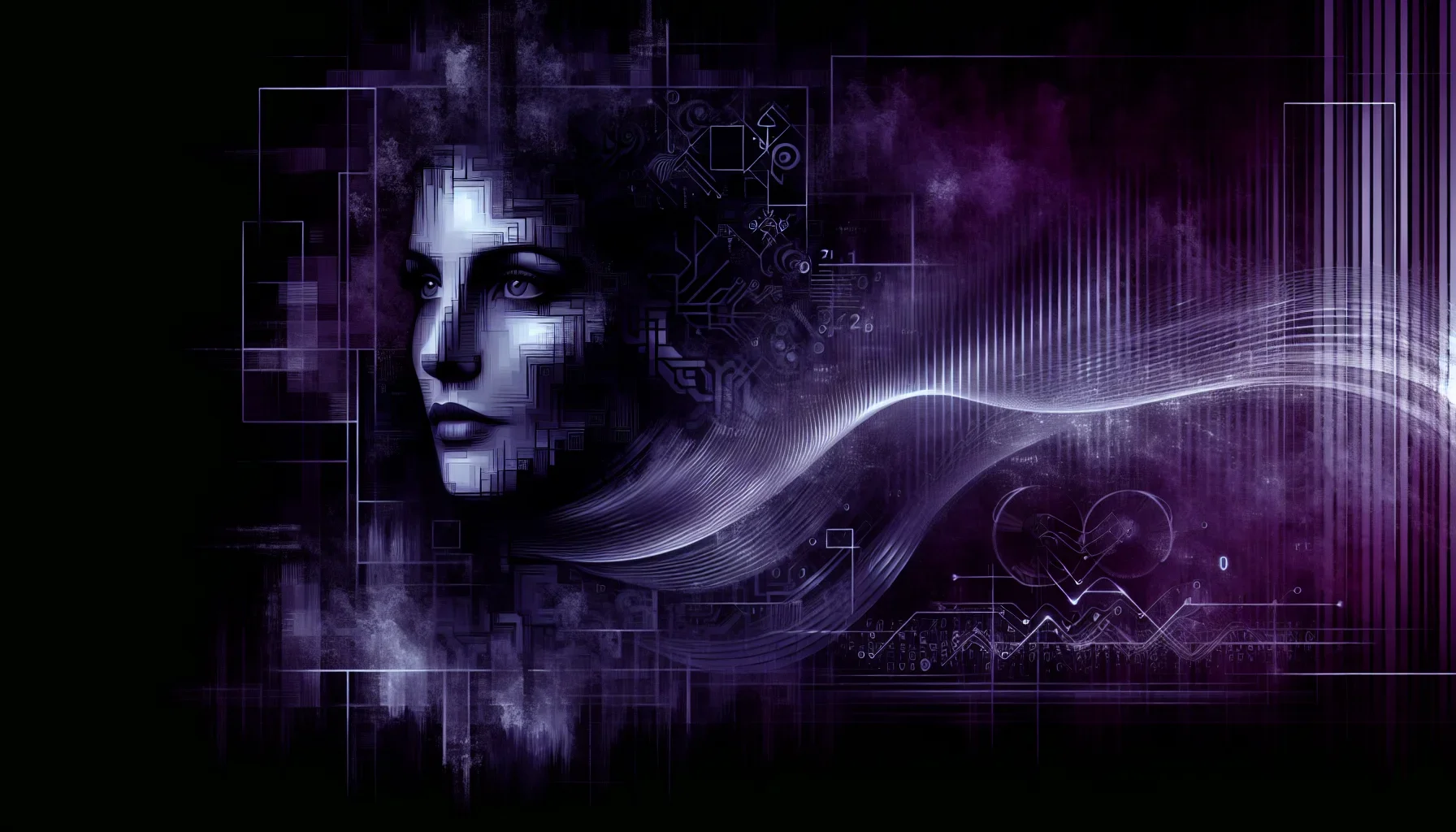 As we visualize the narrative of Hedy Lamarr, the scene is enveloped in shades of dark purple, imbued with a sense of mystery and depth, reflecting the often-overlooked contributions of women in the tech field. The background pulses subtly, simulating the