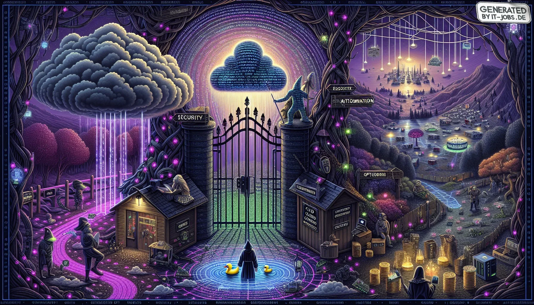 In the edgy, dark purple-themed visualization of the IT Infrastructure Management Specialist's journey, the scene is drenched in a gothic sci-fi ambiance, reminiscent of a tech-infused Tolkien landscape. 

At the forefront, a fearless adventurer, cloaked 