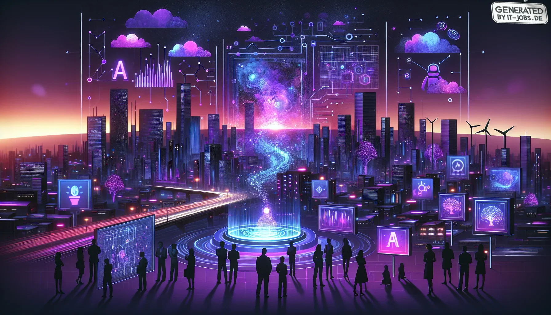 Envision a dynamic digital canvas, pulsating with deep, dark purple hues that set the stage for an edgy, futuristic atmosphere. The central focus of the image is a vast, sprawling cityscape at night, depicted in shades of violet and indigo, with neon ligh