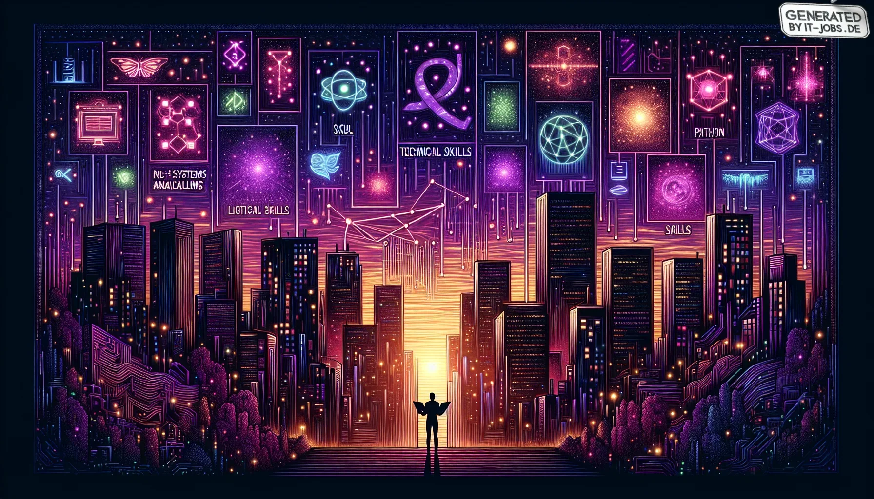 I imagine a visually striking digital artwork captured in shades of deep, dark purple infused with vibrant pops of neon colors, creating a striking contrast that commands attention. The canvas is divided into two distinct sections, one representing "Techn