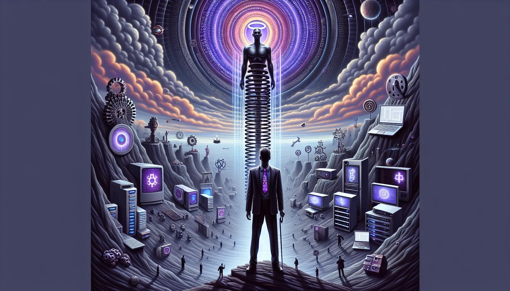 A dark, surreal landscape, with a color scheme dominated by different shades of edgy, electric purple. The foreground is dominated by an imposing figure that clearly represents Linus Torvalds, portrayed as a tech deity with a halo of binary code, standing