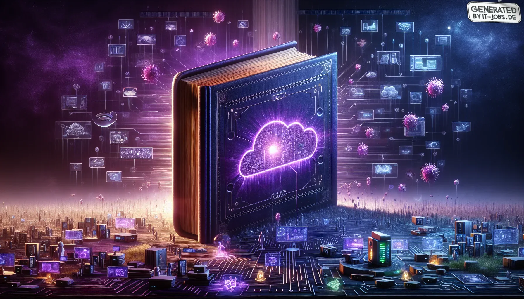 Visualize a digital canvas dominated by deep, dark purple hues, symbolizing the profound and enigmatic realm of edge computing. In this artistic representation, the background is textured with subtle binary codes and circuit patterns, providing a tech-sav